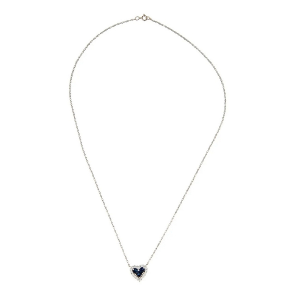 🎄🎁14K Diamond & Sapphire Heart Pendant Necklace White Gold Rhodium Plated - Picture 4 of 4